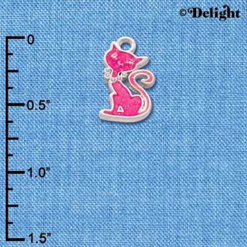 C2874* - Hot Pink Glitter Cat - Silver Charm ( 6 charms per package )