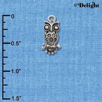 C2895 - Antiqued Silver Owl with Clear Swarovski Crystal Eyes - Silver Charm (6 charms per package)