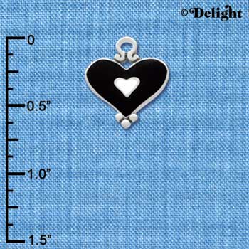 C2919+ - Black and White Enamel Heart Charm - Silver Charm (6 charms per package)