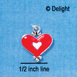 C2920+ - Red and White Enamel Heart Charm - Silver Charm (6 charms per package)