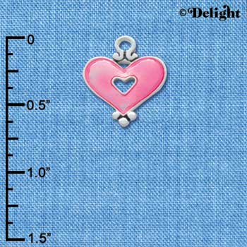 C2921 - Hot Pink Enamel Heart with Cutout - Silver Charm (6 charms per package)