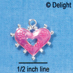C2927+ - 2 Sided Hot Pink Enamel Heart with Flowers - Silver Charm (6 charms per package)