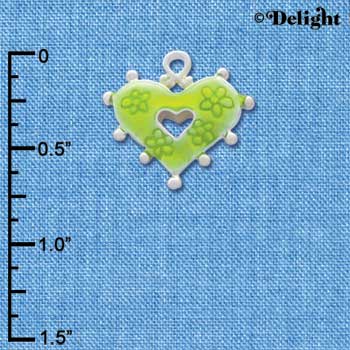 C2929+ - 2 Sided Lime Green Enamel Heart with Flowers - Silver Charm (6 charms per package)