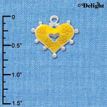C2930+ - 2 Sided Hot Yellow Enamel Heart with Flowers - Silver Charm (6 charms per package)