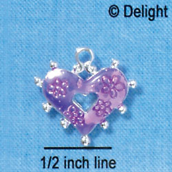 C2932+ - 2 Sided Hot Purple Enamel Heart with Flowers - Silver Charm (6 charms per package)