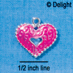 C2933+ - 2 Sided Hot Pink Enamel Swirl Heart with Beaded Border - Silver Charm (6 charms per package)