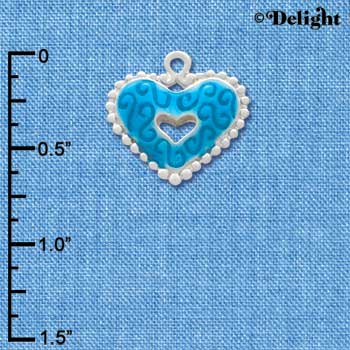 C2934+ - 2 Sided Hot Blue Enamel Swirl Heart with Beaded Border - Silver Charm (6 charms per package)