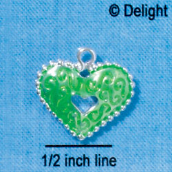 C2935+ - 2 Sided Lime Green Enamel Swirl Heart with Beaded Border - Silver Charm (6 charms per package)