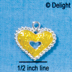 C2936+ - 2 Sided Hot Yellow Enamel Swirl Heart with Beaded Border - Silver Charm (6 charms per package)