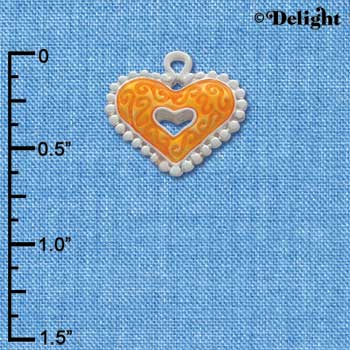 C2937+ - 2 Sided Hot Orange Enamel Swirl Heart with Beaded Border - Silver Charm (6 charms per package)