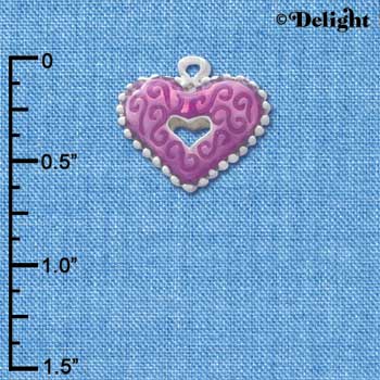 C2938+ - 2 Sided Hot Purple Enamel Swirl Heart with Beaded Border - Silver Charm (6 charms per package)