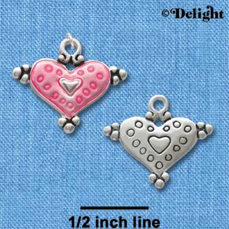 C2939+ - Hot Pink Enamel Heart with Circles - Silver Charm (6 charms per package)