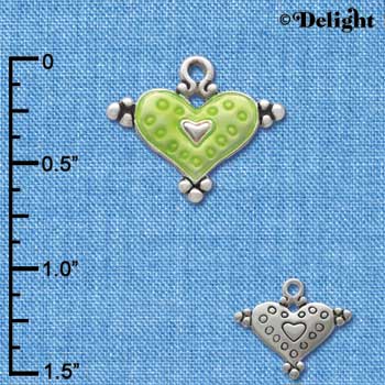 C2941+ - Lime Green Enamel Heart with Circles - Silver Charm (6 charms per package)