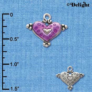 C2944+ - Hot Purple Enamel Heart with Circles - Silver Charm (6 charms per package)