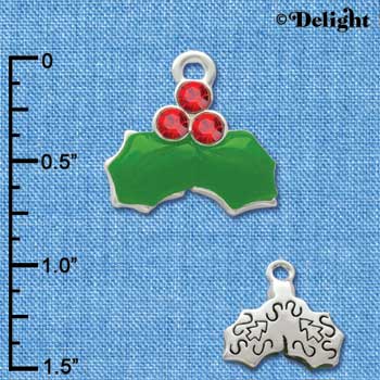 C2954+ - Christmas Holly Leaves & Berries with Swarovski Crystals - Silver Charm (6 charms per package)