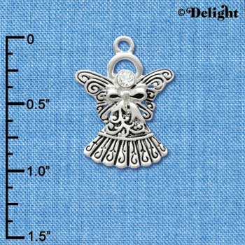 C2962 - Antiqued Silver Angel with Bow & Swarovski Crystal - Silver Charm (6 charms per package)