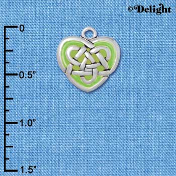 C2964 - Silver Celtic Knot Heart with Green Resin - Silver Charm (6 charms per package)
