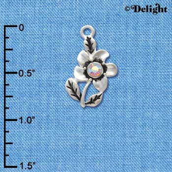 C2968+ - Silver Flower with AB Swarovski Crystal - 2 Sided - Silver Charm (6 charms per package)