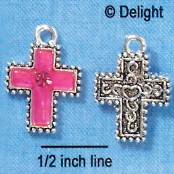 C2972+ - Hot Pink Resin Cross with Beaded Border & Swarovski Crystal - Silver Charm (6 charms per package)
