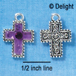 C2973+ - Purple Resin Cross with Beaded Border & Swarovski Crystal - Silver Charm (6 charms per package)