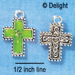 C2975+ - Lime Green Resin Cross with Beaded Border & Swarovski Crystal - Silver Charm (6 charms per package)