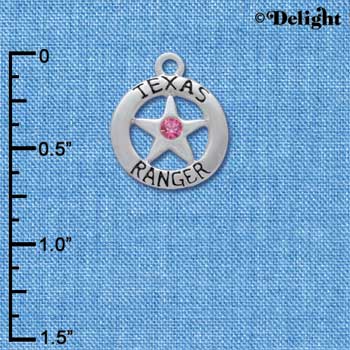 C3007 - Texas Ranger Badge with Hot Pink Swarovski Crystals - Silver Charm