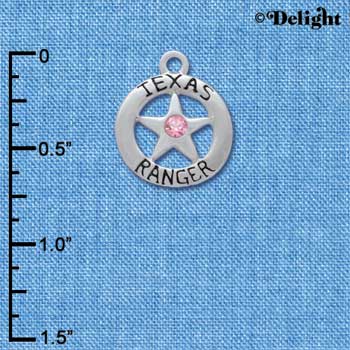 C3008 - Texas Ranger Badge with Light Pink Swarovski Crystals - Silver Charm