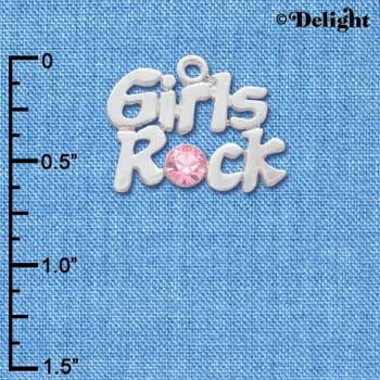 C3028 - Silver Girls Rock with Light Pink Swarovski Crystal - Silver Charm