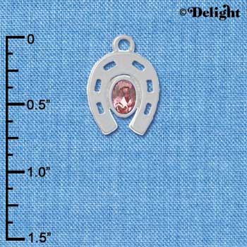 C3084 - Silver Horseshoe with Large Oval Light Pink Swarovski Crystal - Silver Charm