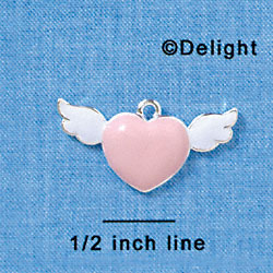 C3147 - Pink Enamel Heart with White Wings - Silver Charm (6 per package)