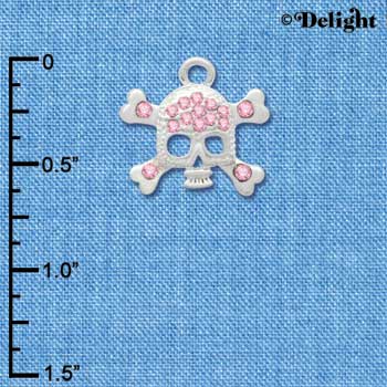 C3160 - Silver Skull and Crossbones with Pink Swarovski Crystals - Silver Charm (2 per package)