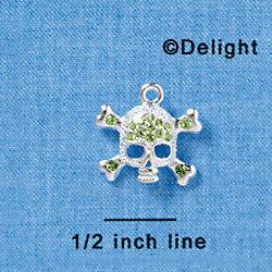C3163 - Silver Skull and Crossbones with Peridot Green Swarovski Crystals - Silver Charm (2 per package)