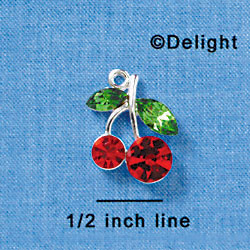 C3164 - Red Swarovski Cherries with Emerald Swarovski Leaves - Silver Charm (2 per package)