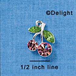 C3165 - Pink Swarovski Cherries with Peridot Swarovski Leaves - Silver Charm (2 per package)