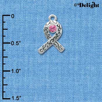 C3273 - Silver Ribbon with Scrollwork & Pink Swarovski Crystal - Silver Charm ( 6 charms per package)