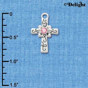 C3305 - Silver Scroll Cross with Pink Swarovski Crystal - Silver Charm (6 charms per package)