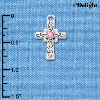 C3305 - Silver Scroll Cross with Pink Swarovski Crystal - Silver Charm (6 charms per package)