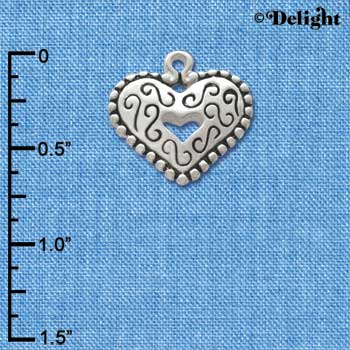 C3349+ - Large Antiqued Silver Heart with Swirls and Beaded Border - 2 Sided - Silver Charm (6 charms per package)