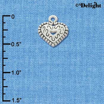 C3350+ - Mini Antiqued Silver Heart with Swirls and Beaded Border - 2 Sided - Silver Charm (6 charms per package)