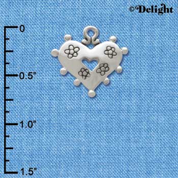 C3353+ - Large Silver Heart with Flowers - 2 Sided - Silver Charm (6 charms per package)