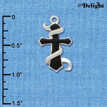 C3358 - Black Enamel Cross with Silver Banner - Silver Charm (6 charms per package)