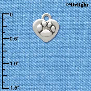 C3368+ - Mini Silver Heart with Paw - 2 Sided - Silver Charm (6 charms per package)