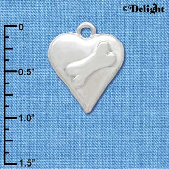 C3375 - Silver Heart with Raised Dog Bone - Silver Charm (6 charms per package)