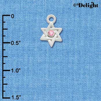 C3382 - Mini Silver Star of David with Pink Swarovski Crystal - Silver Charm (6 charms per package)