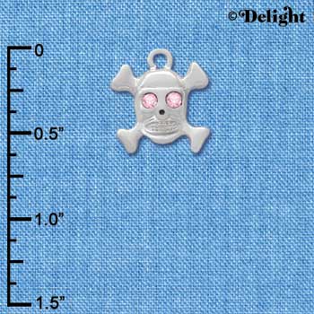 C3413 - Skull & Bones with Pink Swarovski Crystal Eyes - Silver Charm (6 charms per package)