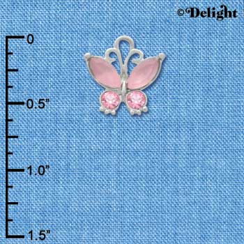 C3491 tlf - Butterfly with Frosted Pink Resin Wings & Pink Swarovski Crystals - Im. Rhodium Charm (2 per package)