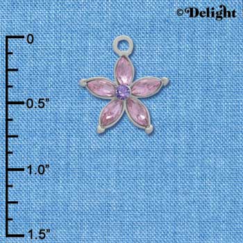 C3498-PINK tlf - Flower with Pink Resin Petals and Purple Swarovski Crystal - Silver Charm