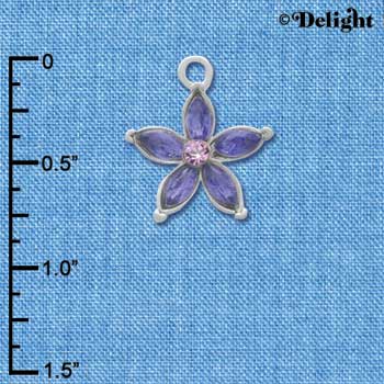 C3498 tlf - Flower with Purple Resin Petals and Purple Swarovski Crystal - Silver Charm