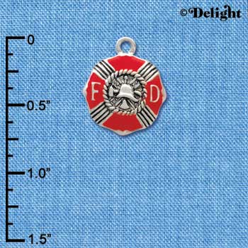 C3560 tlf - Red Enamel Fire Department Medallion - Silver Charm