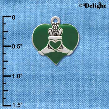 C3672 tlf - Large 2-D Claddagh on Green Heart - Silver Charm (6 per package)